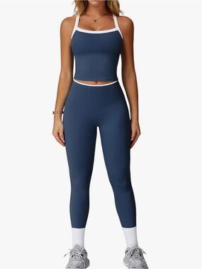 Navy High-Waist Leggings & Contrast Trim Crop Tank Set